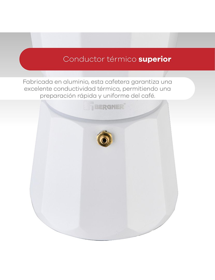 Cafeteira Naturally de 6 chávenas em alumínio branco com alça de madeira