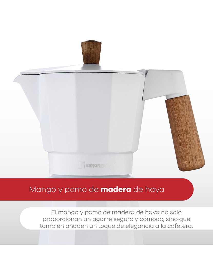 Cafeteira Naturally de 6 chávenas em alumínio branco com alça de madeira