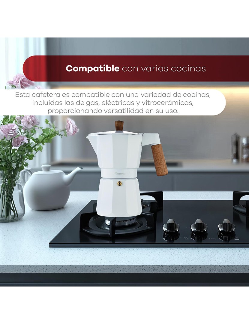 Cafeteira Naturally de 6 chávenas em alumínio branco com alça de madeira