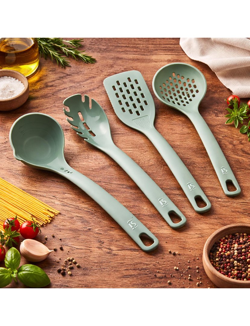 Conjunto de 4 utensílios de cozinha em PBT preto. incluindo pegador de massa. colher. concha e espátula vazada.