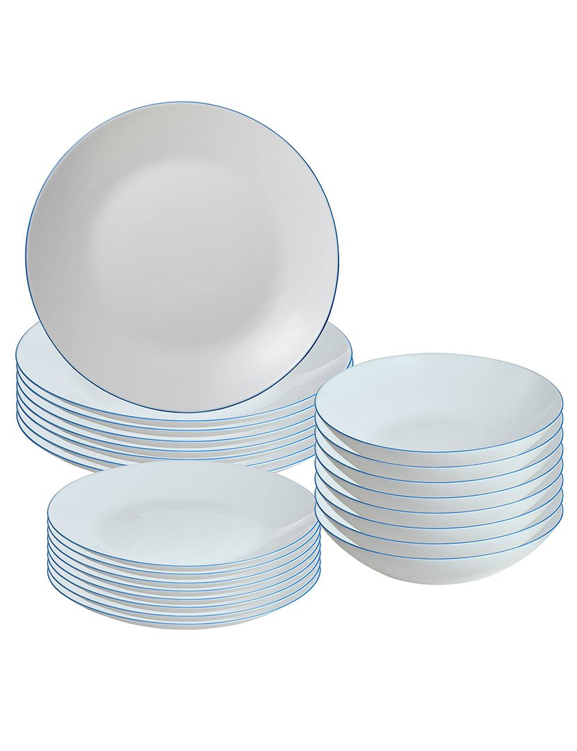 Conjunto de jantar de 24 peças brancas com borda azul