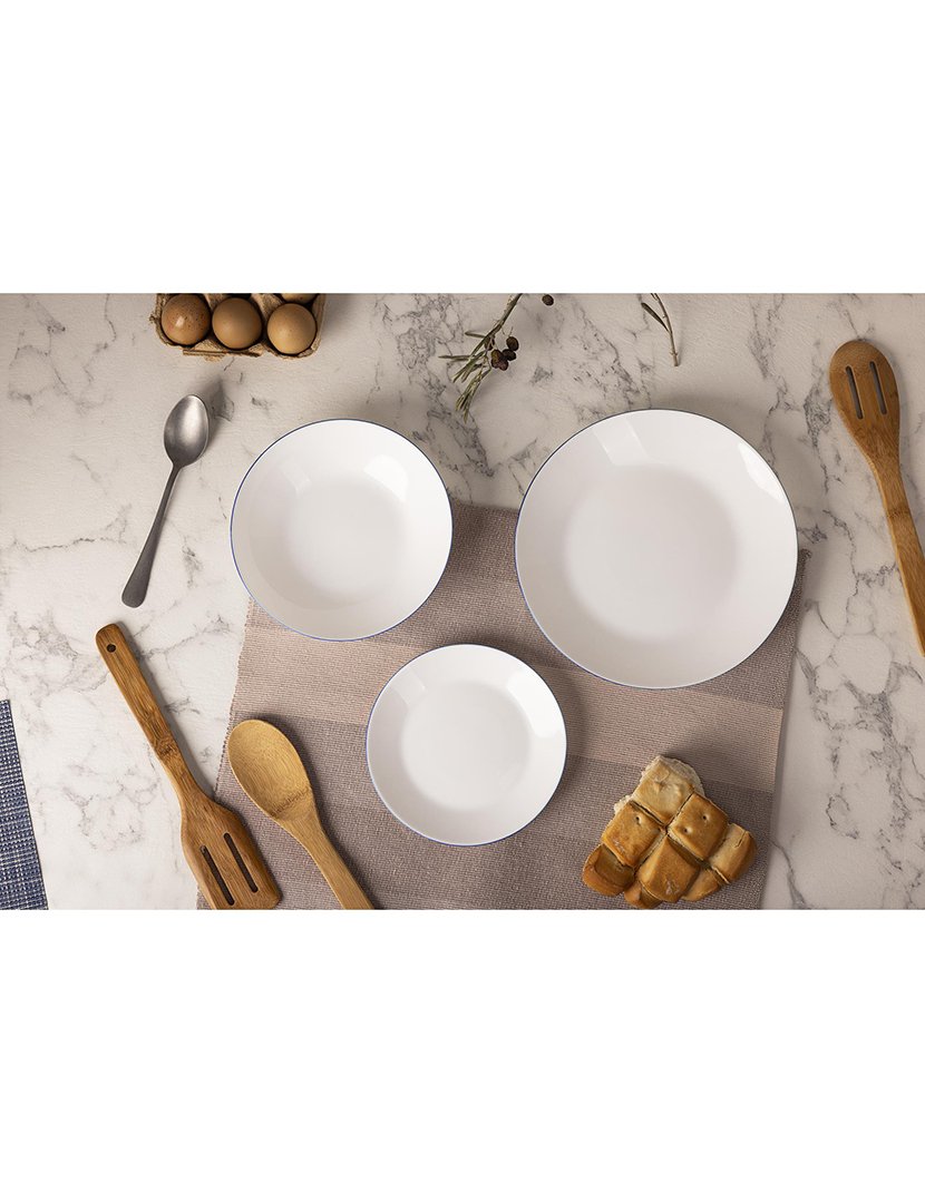 Conjunto de jantar de 24 peças brancas com borda azul