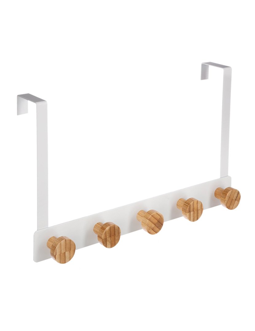 Cabide Suporte 5 Ganchos Branco/Bambú