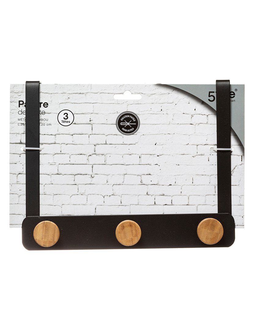 Cabide Suporte 3 Ganchos Preto/Bambú