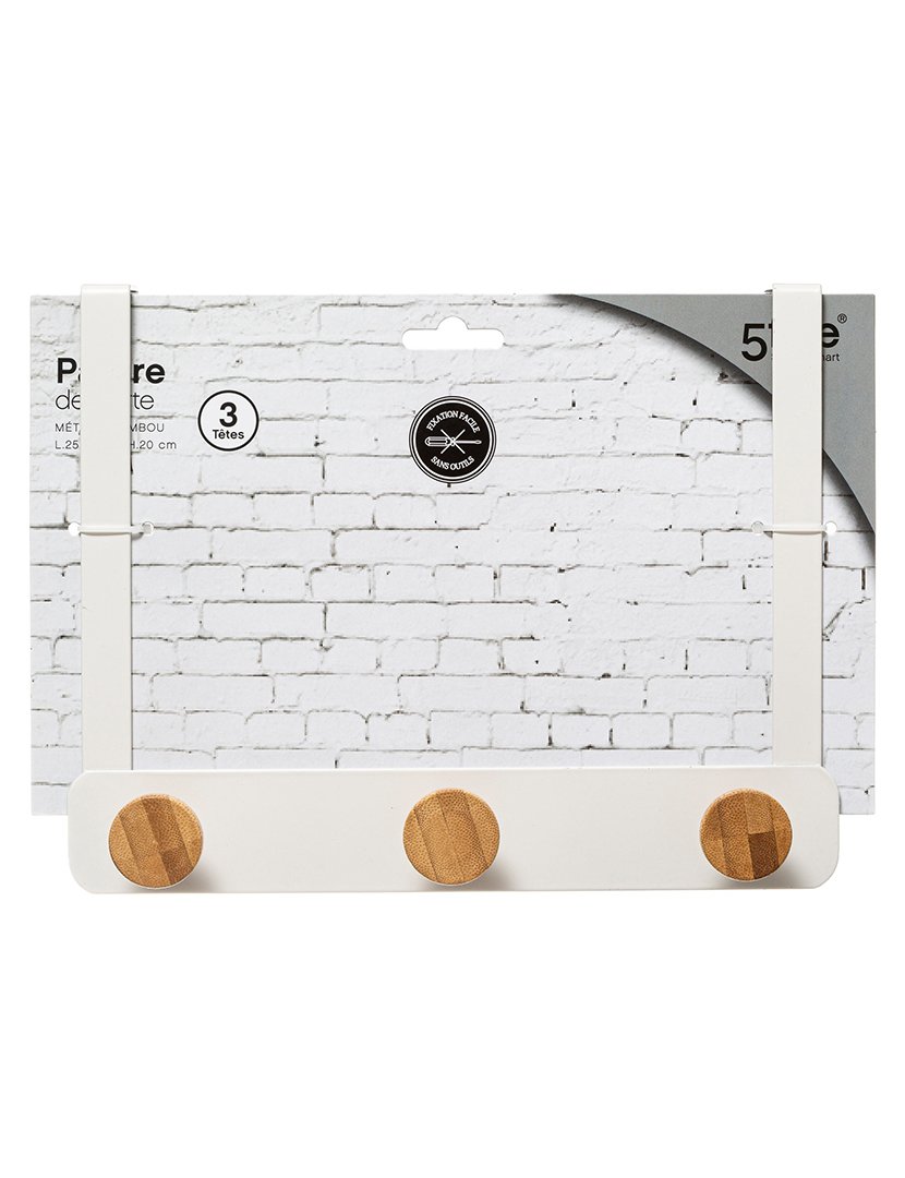 Cabide Suporte 3 Ganchos Branco/Bambú