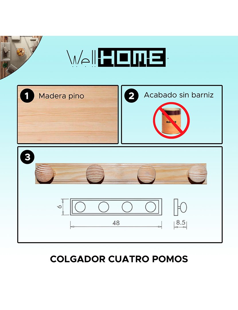 Cabide Parede 4 Ganchos Madeira