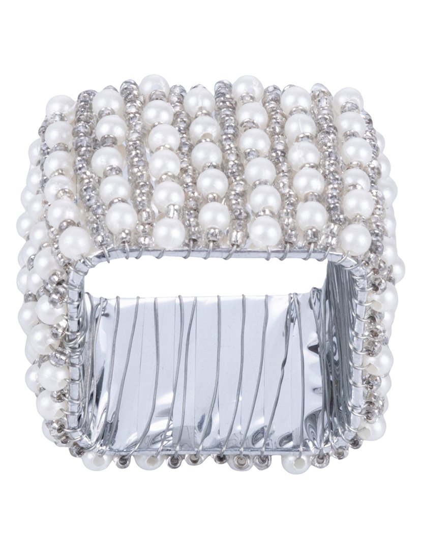 Anel para Guardanapos Prateado com Pérolas Quadrado