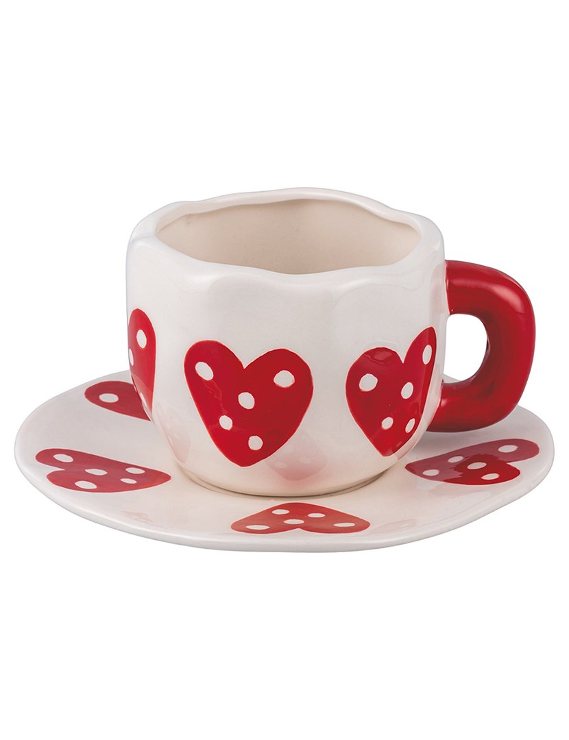 Conjunto de Café 5 peças - Chávenas + Pires + Batedor de Leite Corações