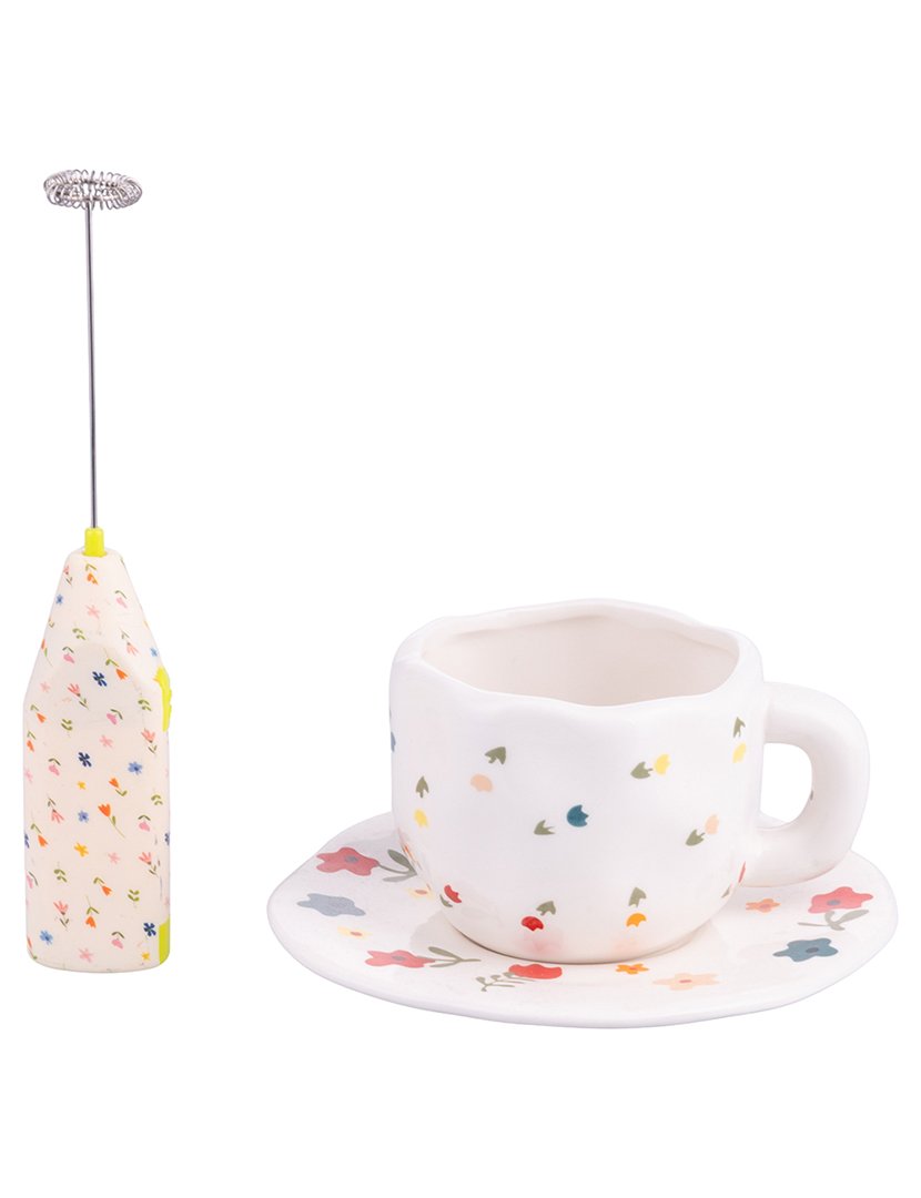 Conjunto de Café MORE AMOR - Chávena + Pires + Batedor de Leite Flor