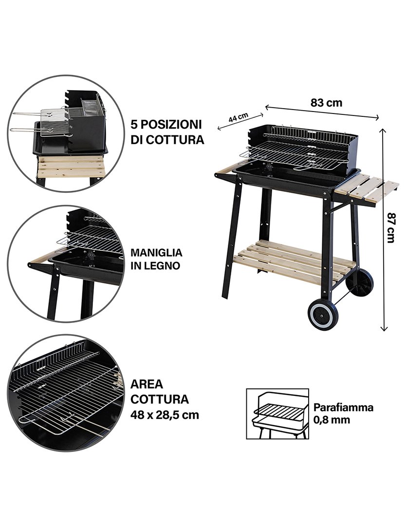Barbacue Retangular Preto com Rodas 83x87cm