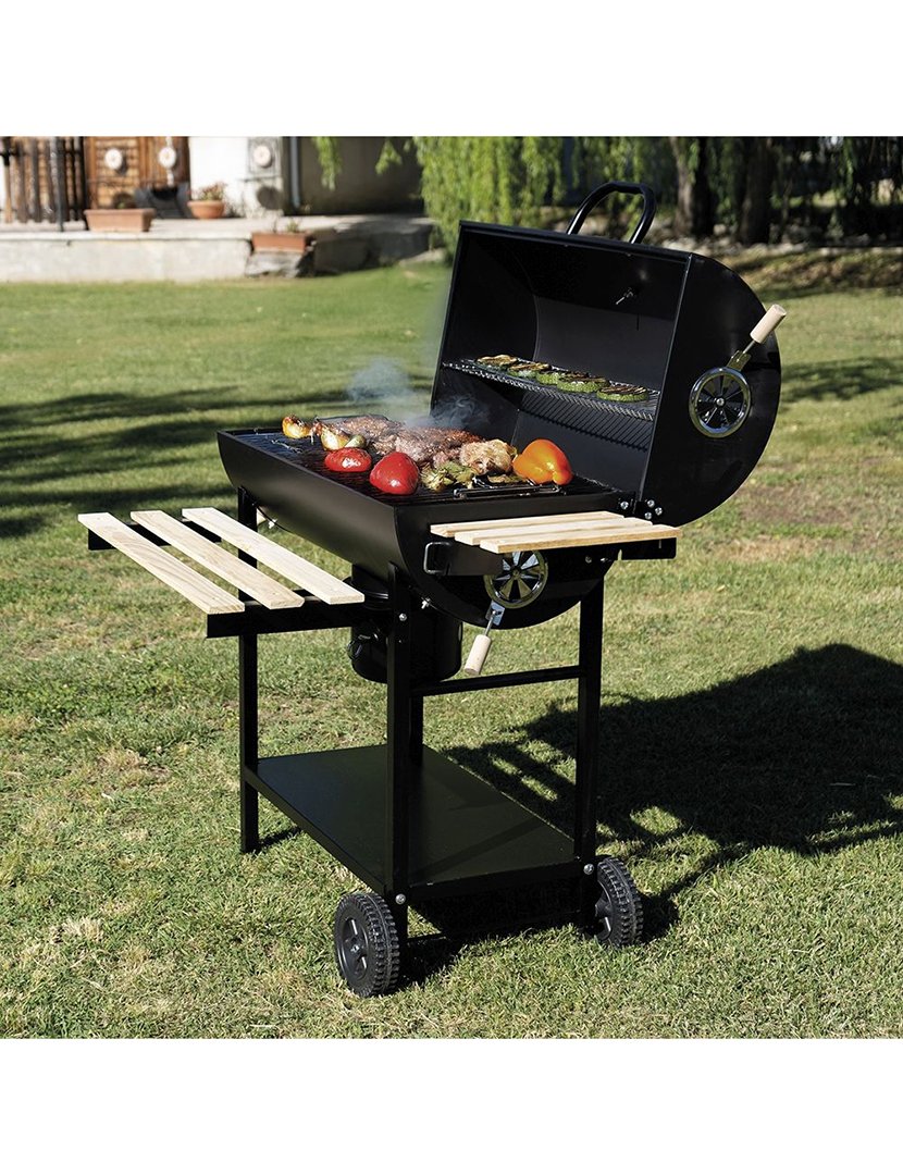 Barbacue Retangular Preto com Rodas e Tampa 108x100cm