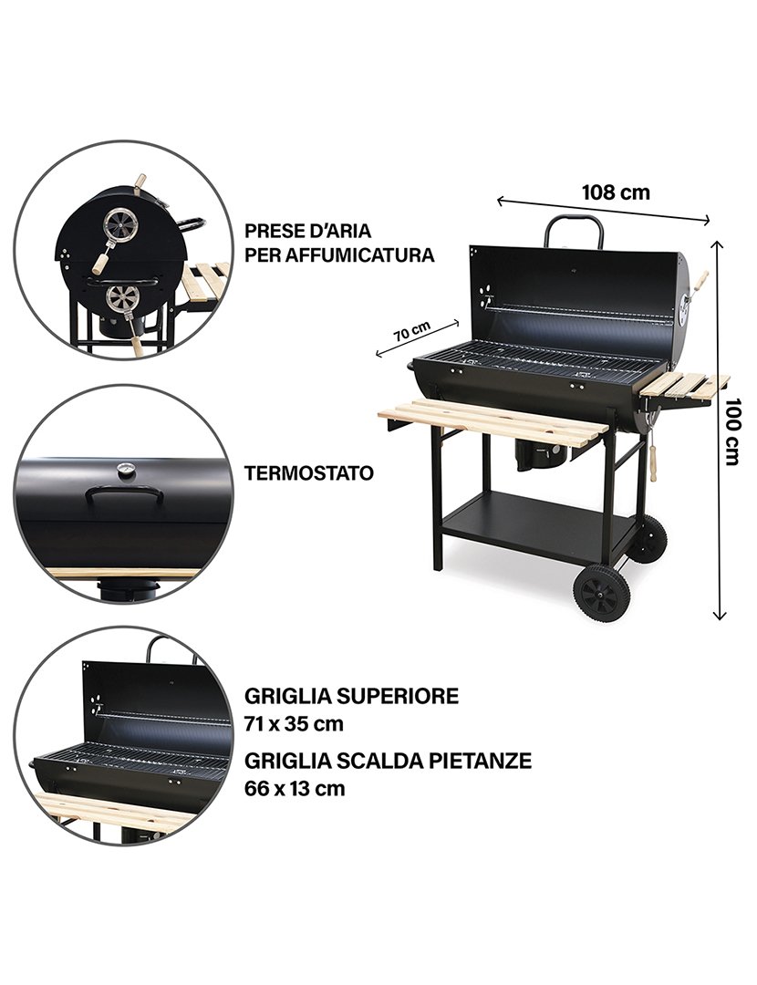 Barbacue Retangular Preto com Rodas e Tampa 108x100cm