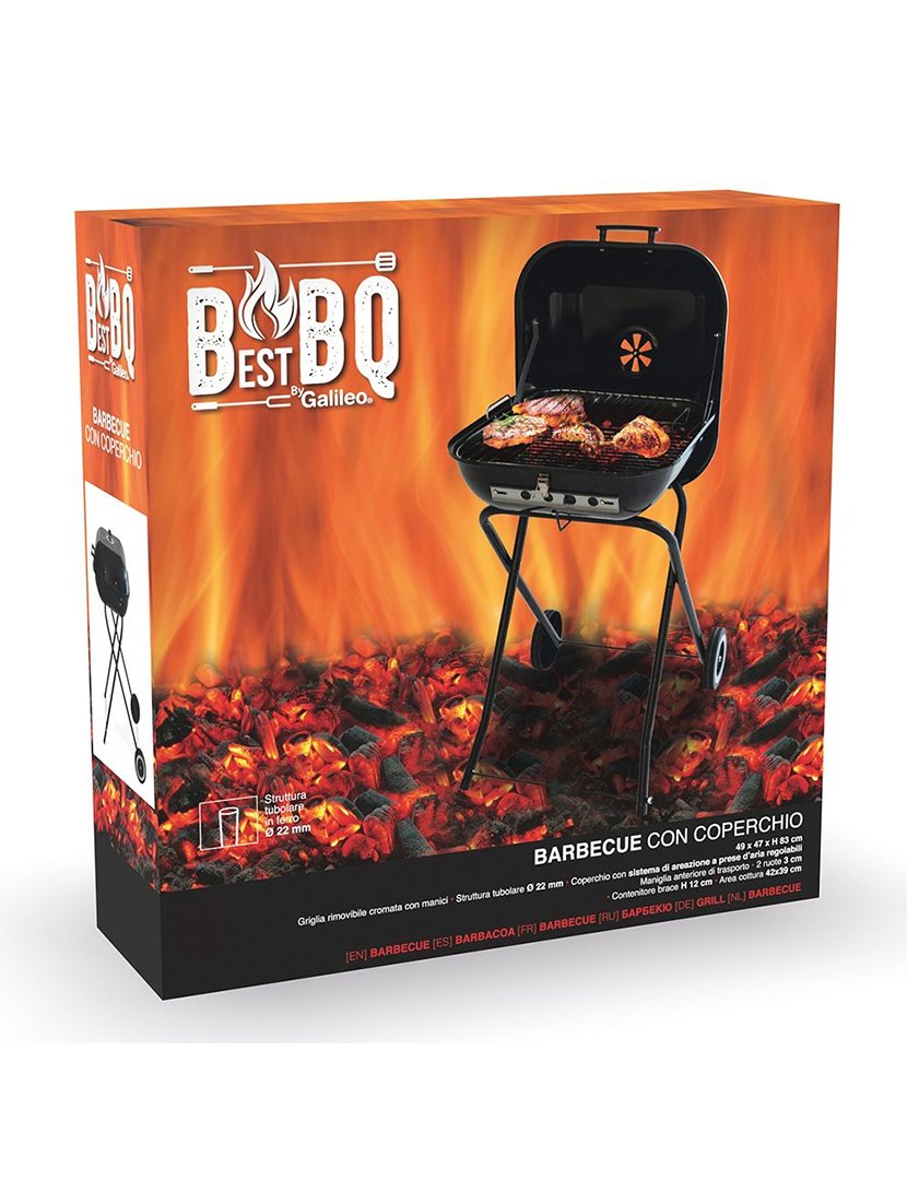 Barbacue Quadrado Preto com Rodas e Tampa 49x83cm