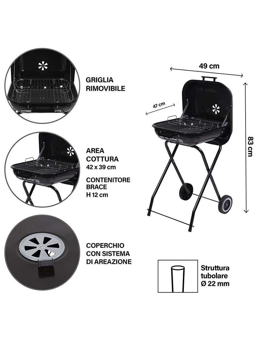 Barbacue Quadrado Preto com Rodas e Tampa 49x83cm