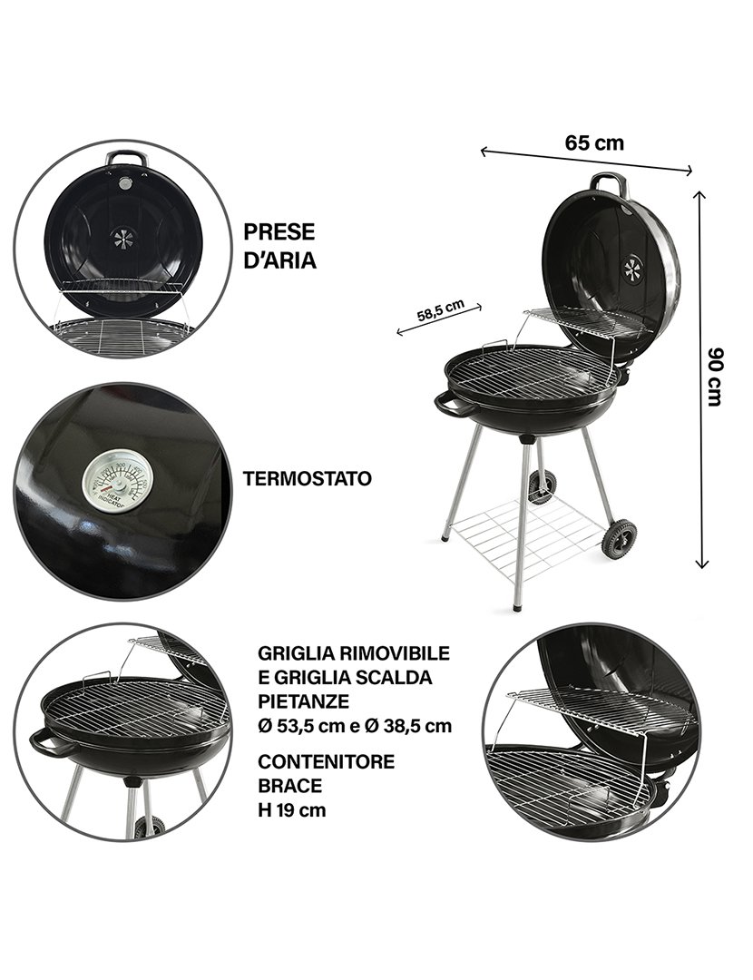 Barbacue Redondo Preto com Rodas e Tampa 57x90cm