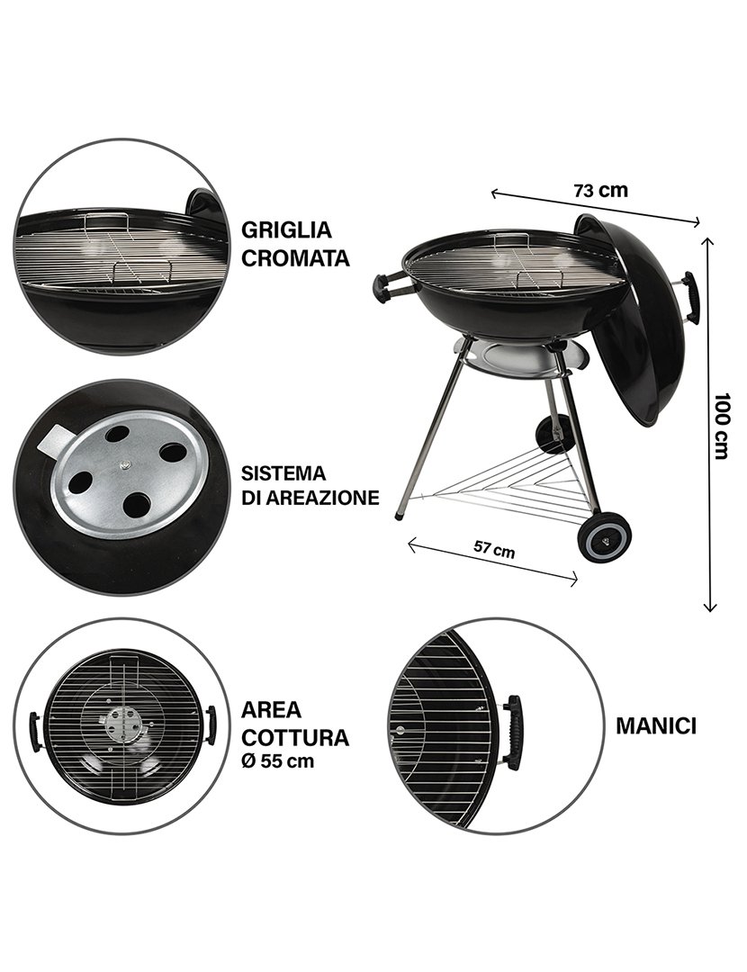 Barbacue Redondo Preto com Rodas e Tampa 73x100cm