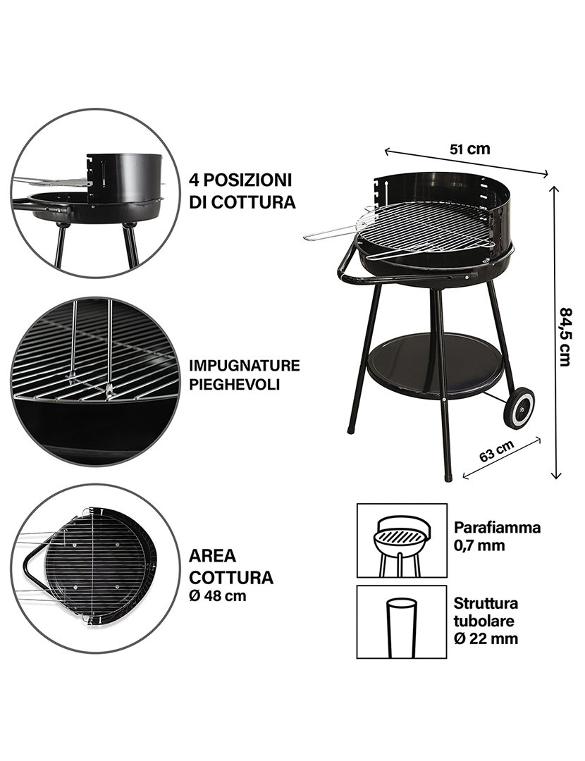 Barbacue Redondo Preto com Rodas 51x84,5cm