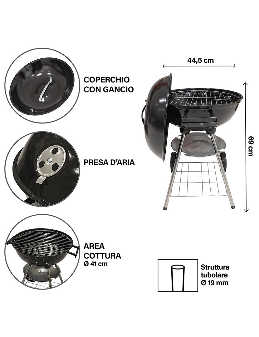 Barbacue Redondo Preto com Tampa 44,5x69cm