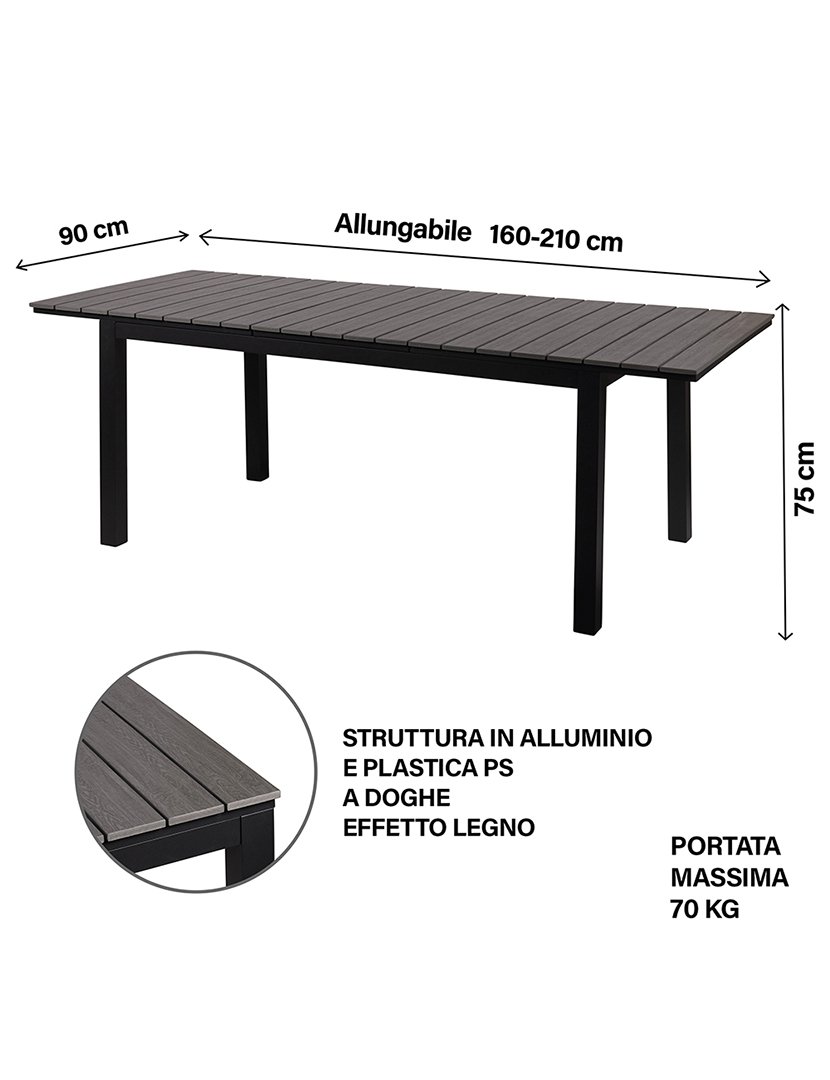 Mesa Extensível AMALFI de Alumínio com Efeito Madeira Preto 160-210x90cm