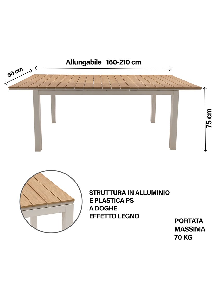 Mesa Extensível AMALFI de Alumínio com Efeito Madeira 160-210x90cm