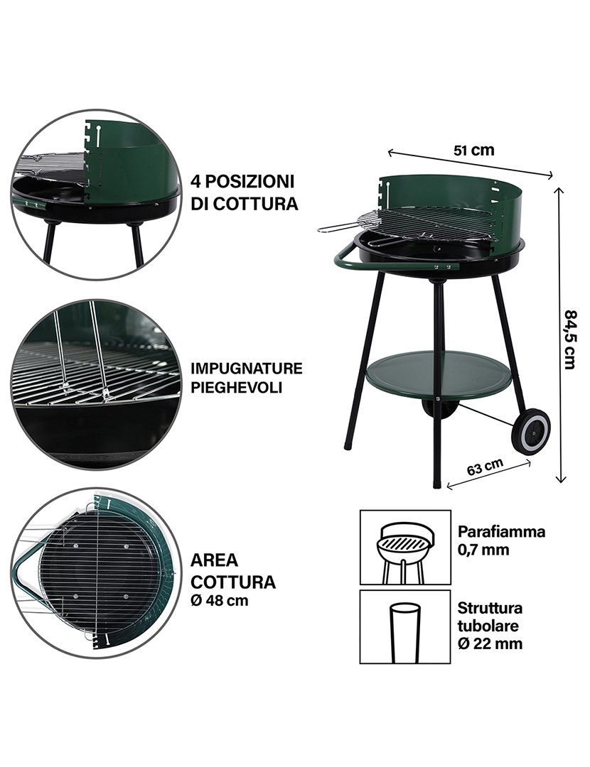 Barbacue Redondo Verde com Rodas 51x84,5cm