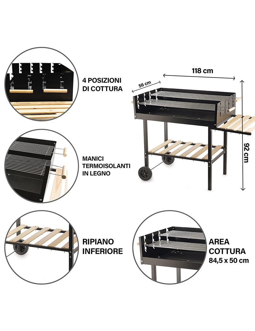 Barbacue Retangular Preto com Rodas 118x92cm