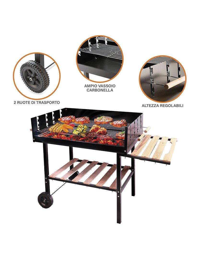 Barbacue Retangular Preto com Rodas 118x92cm