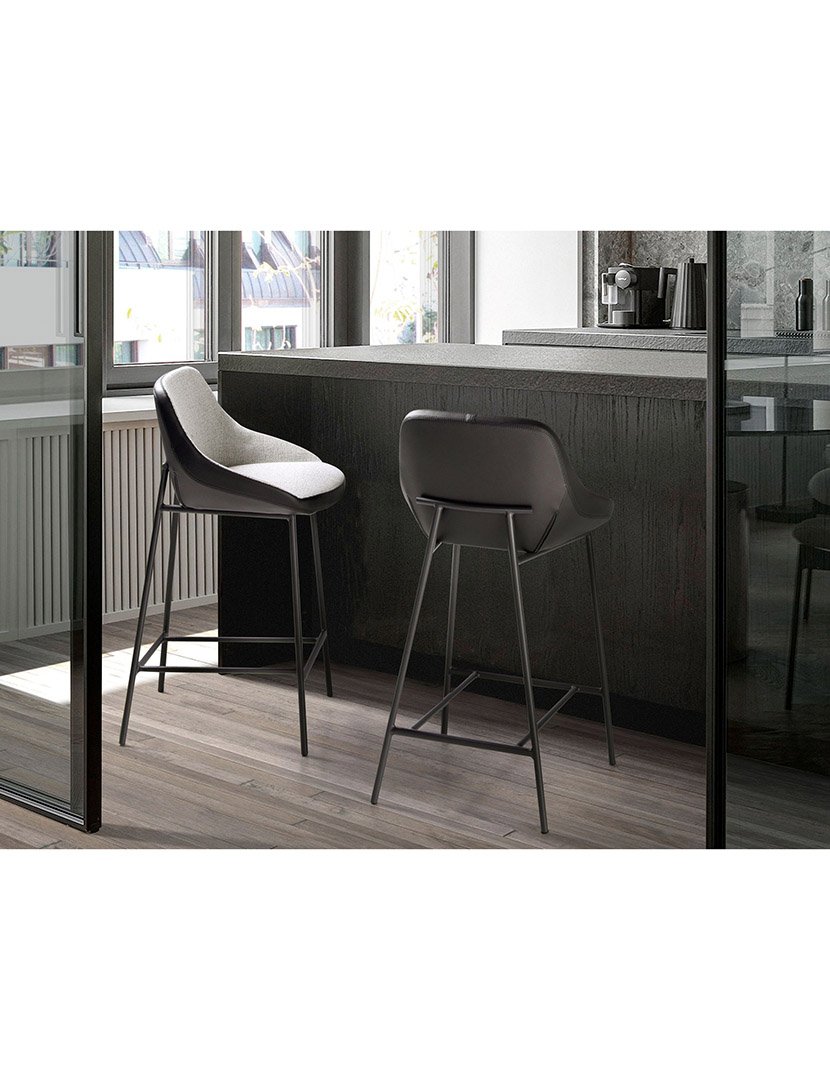 Banco Alto em Tecido Cinzento e Couro Ecológico Preto