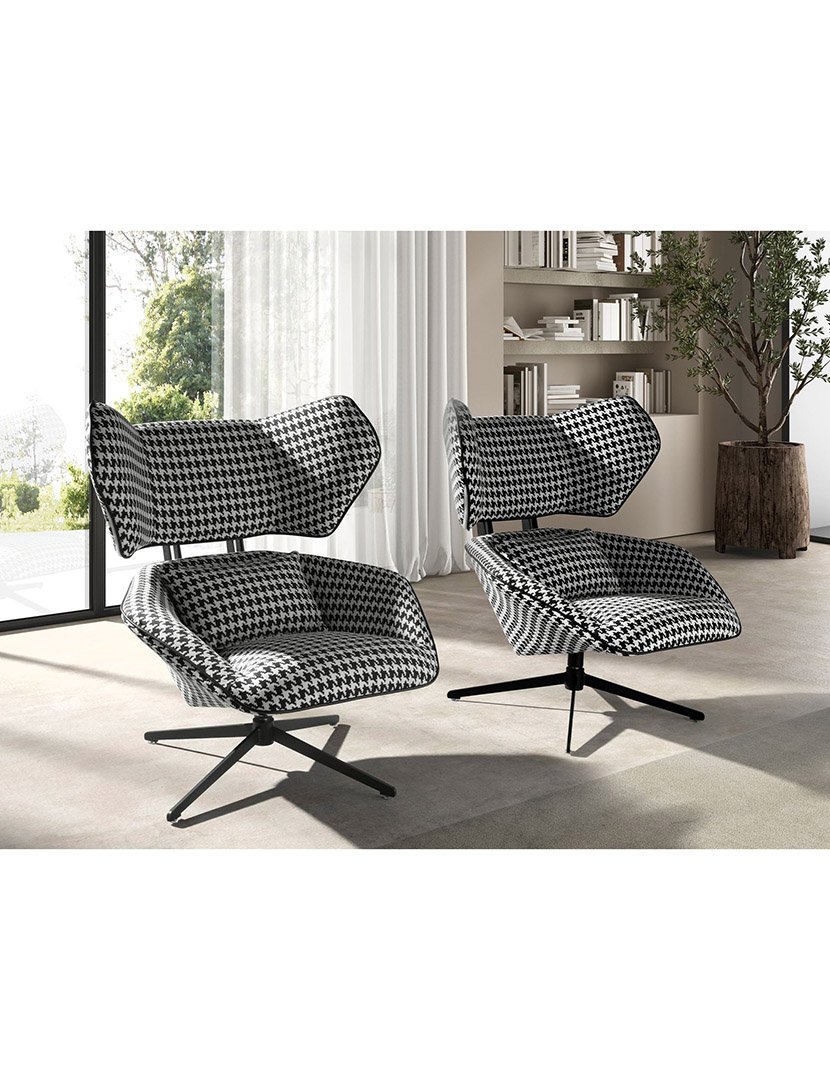 Poltrona Giratória em Tecido Preto e Branco