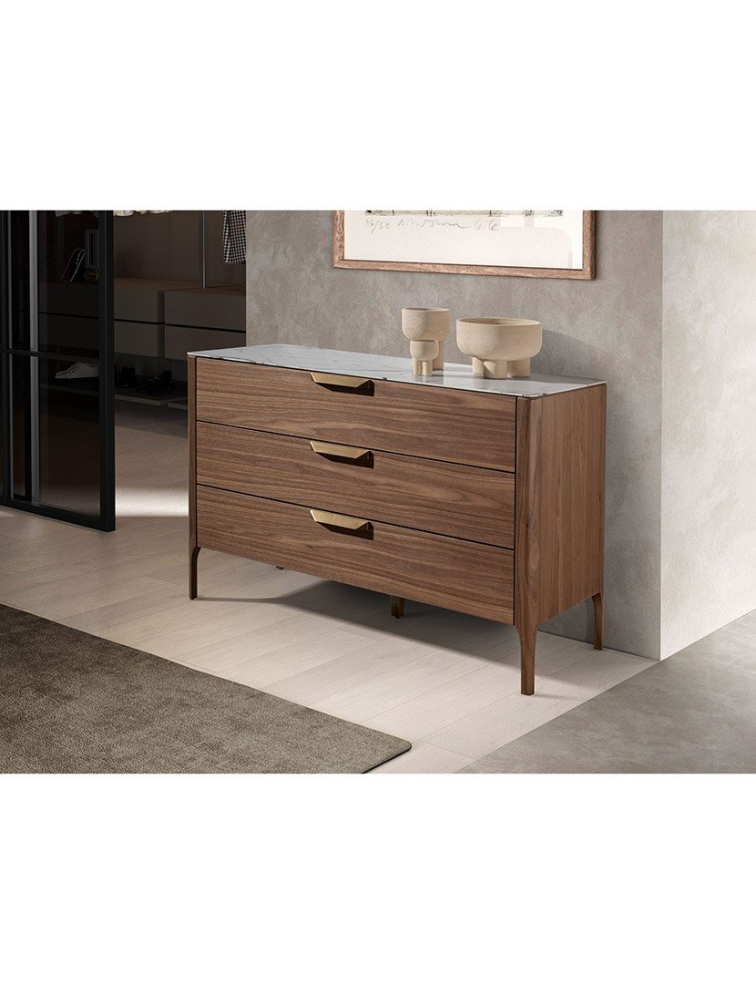 Cómoda em Nogueira com Vidro Temperado Efeito Mármore