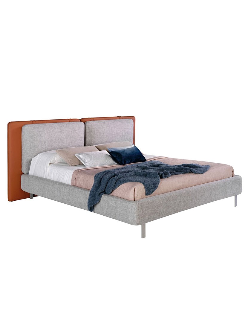 Cama em Couro Ecológico Castanho com Tecido Cinzento