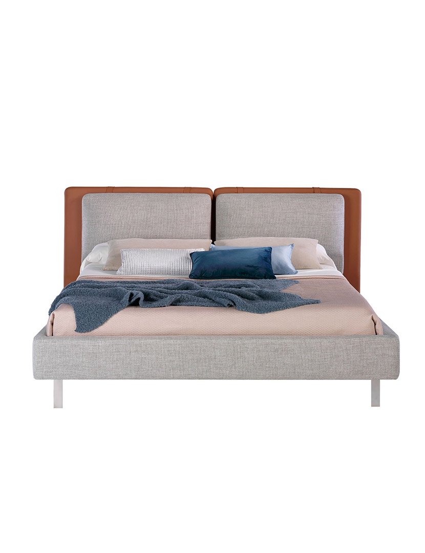 Cama em Couro Ecológico Castanho com Tecido Cinzento