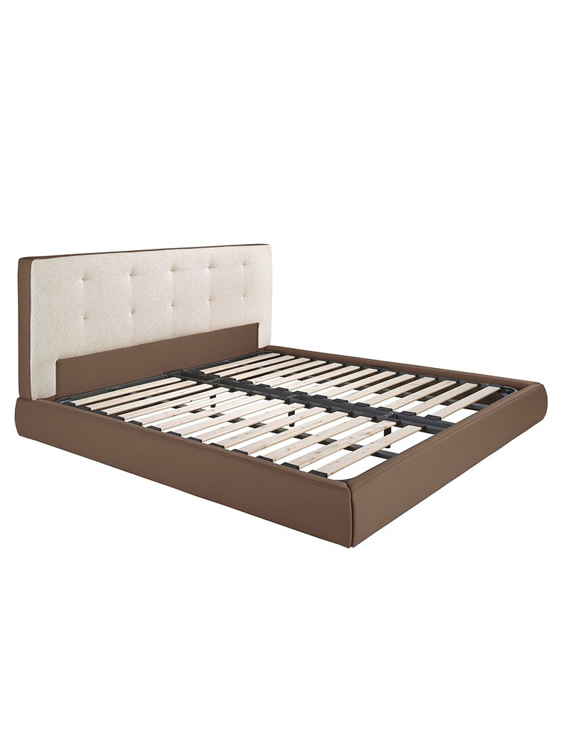 Cama Estofada em Tecido e Couro Sintético Castanho