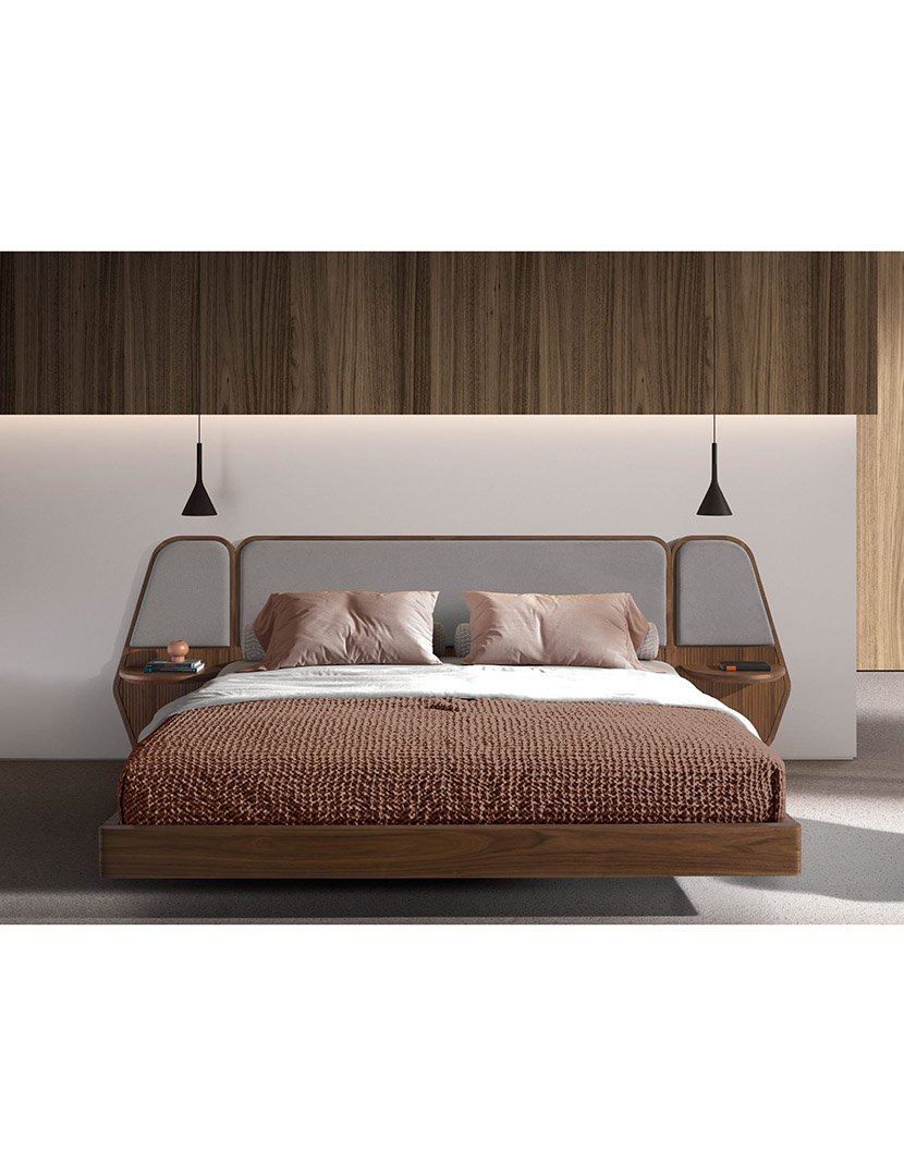 Cama em Nogueira e Tecido Cinzento