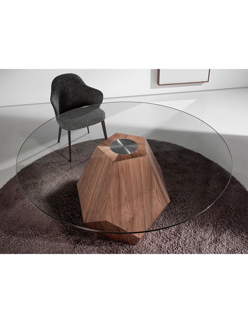 Mesa de Jantar Redonda Nogueira com Vidro Temperado