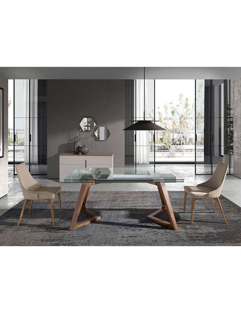 Mesa de Jantar Retangular Extensível Nogueira com Vidro Temperado