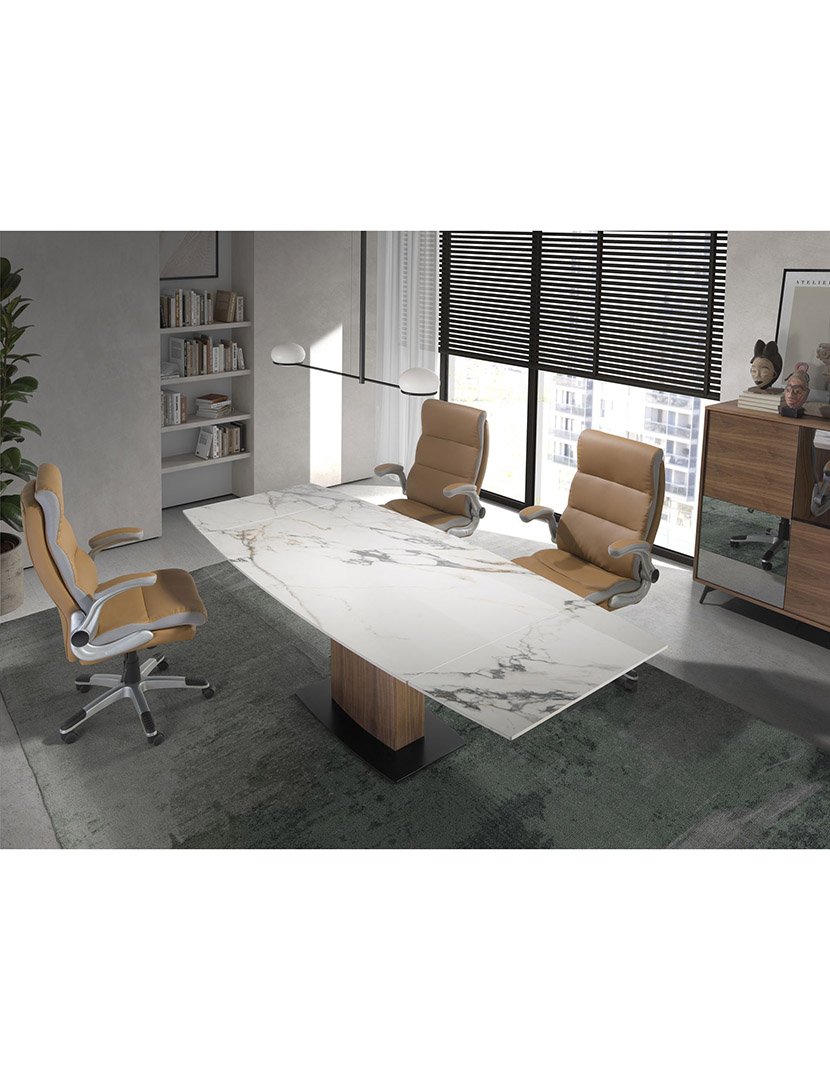 Mesa de Jantar Oval Extensível Nogueira e Mármore