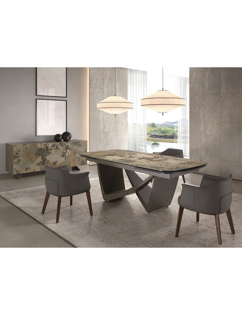 Mesa de Jantar Oval Extensível Taupe e Mármore