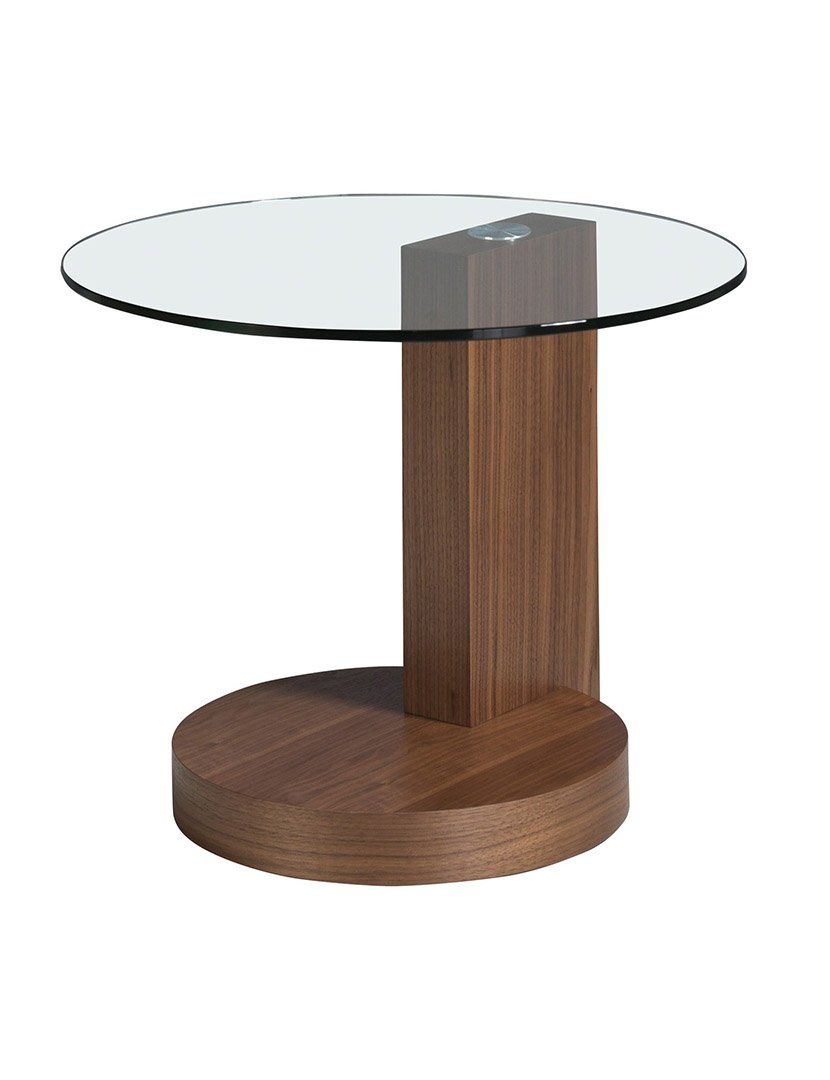 Mesa de Canto Redonda em Nogueira com Vidro Temperado