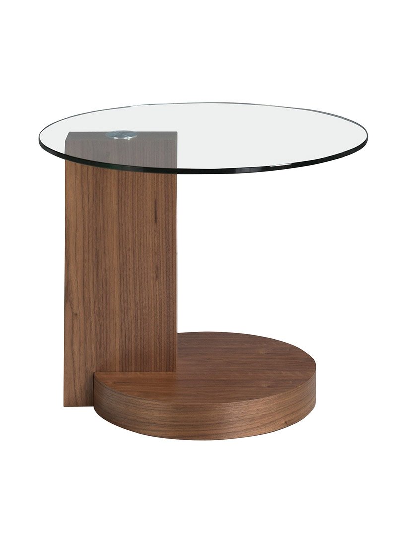 Mesa de Canto Redonda em Nogueira com Vidro Temperado