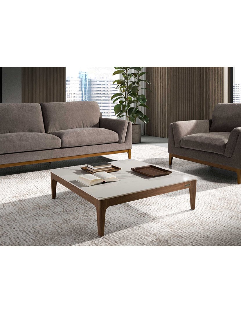 Mesa de Centro Quadrada em Nogueira e Mármore