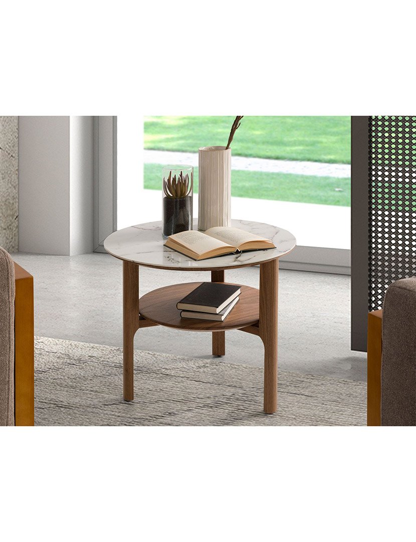 Mesa de Canto Redonda em Nogueira e Mármore