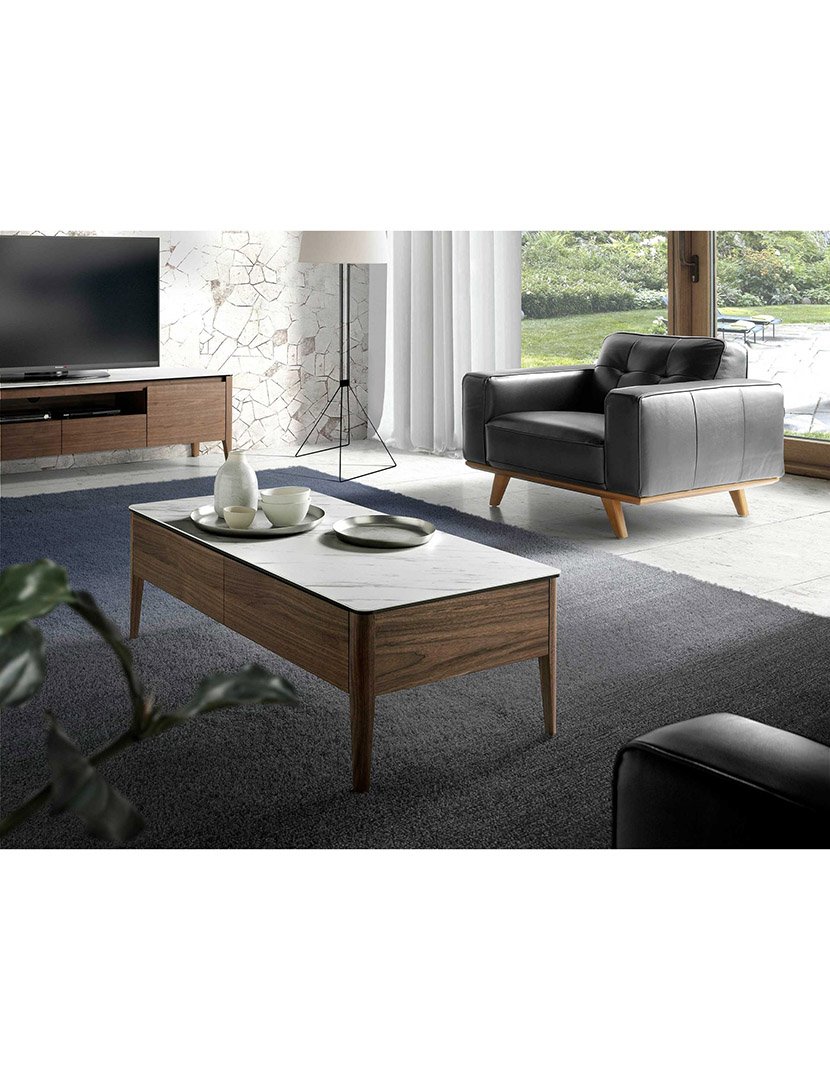 Mesa de Centro Retangular em Nogueira e Mármore