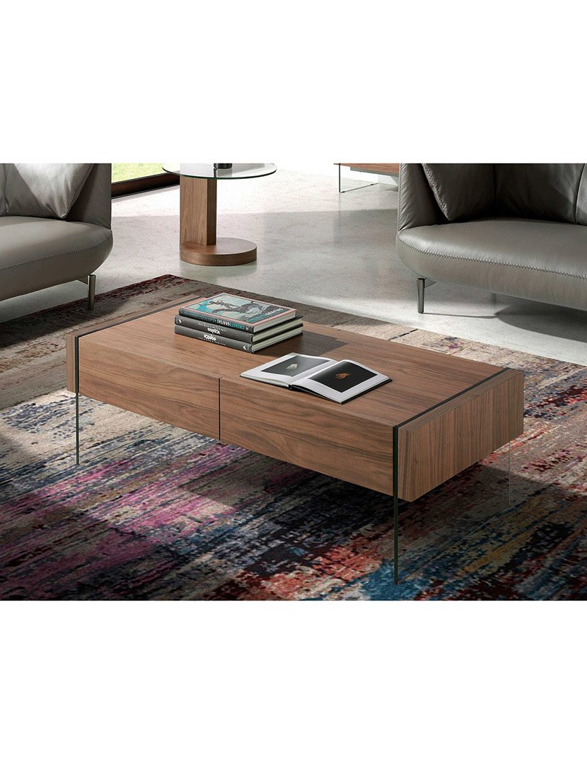 Mesa de Centro Retangular em Nogueira e Vidro Temperado