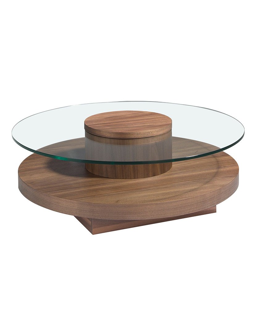 Mesa de Centro Redonda em Nogueira com Vidro Temperado