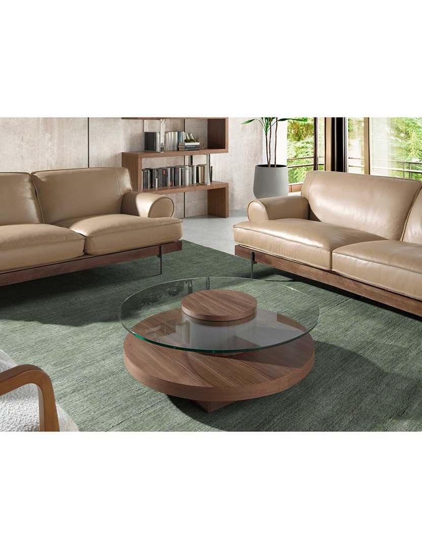 Mesa de Centro Redonda em Nogueira com Vidro Temperado