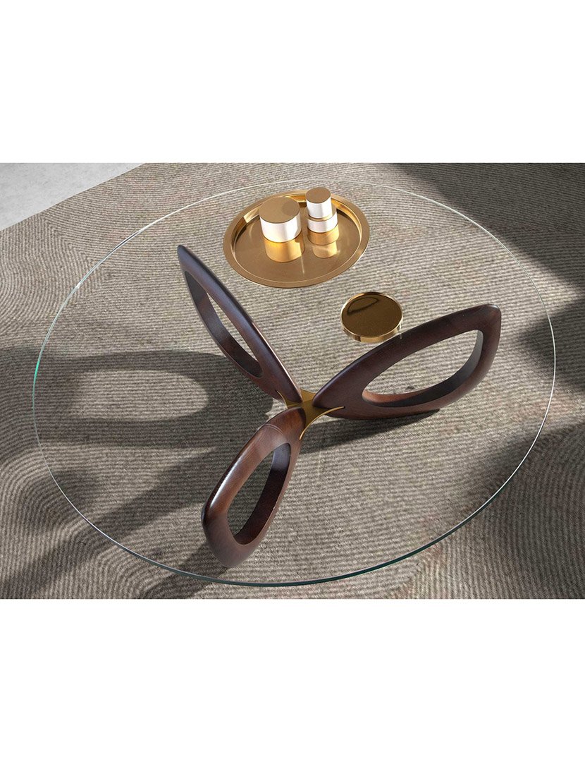 Mesa de Centro Redonda em Nogueira com Vidro Temperado