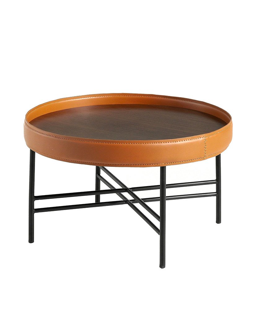 Mesa de Centro Redonda em Couro Sintético, Nogueira e Aço Preto