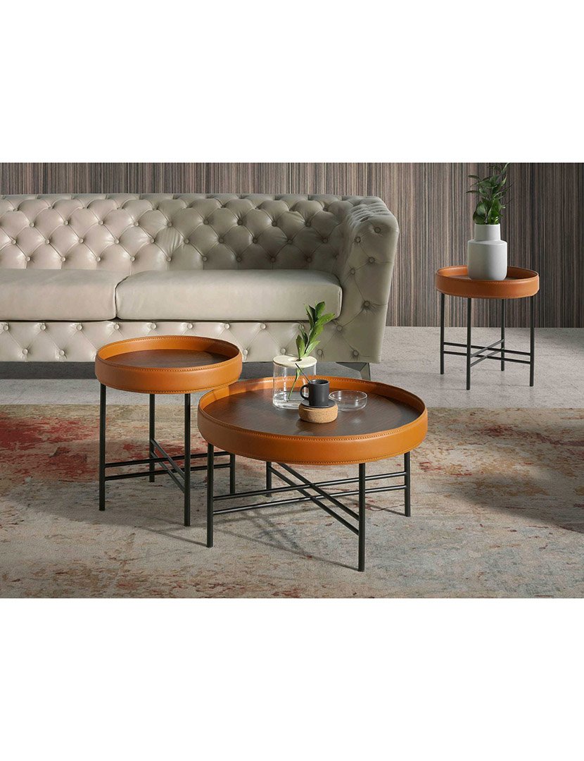 Mesa de Centro Redonda em Couro Sintético, Nogueira e Aço Preto