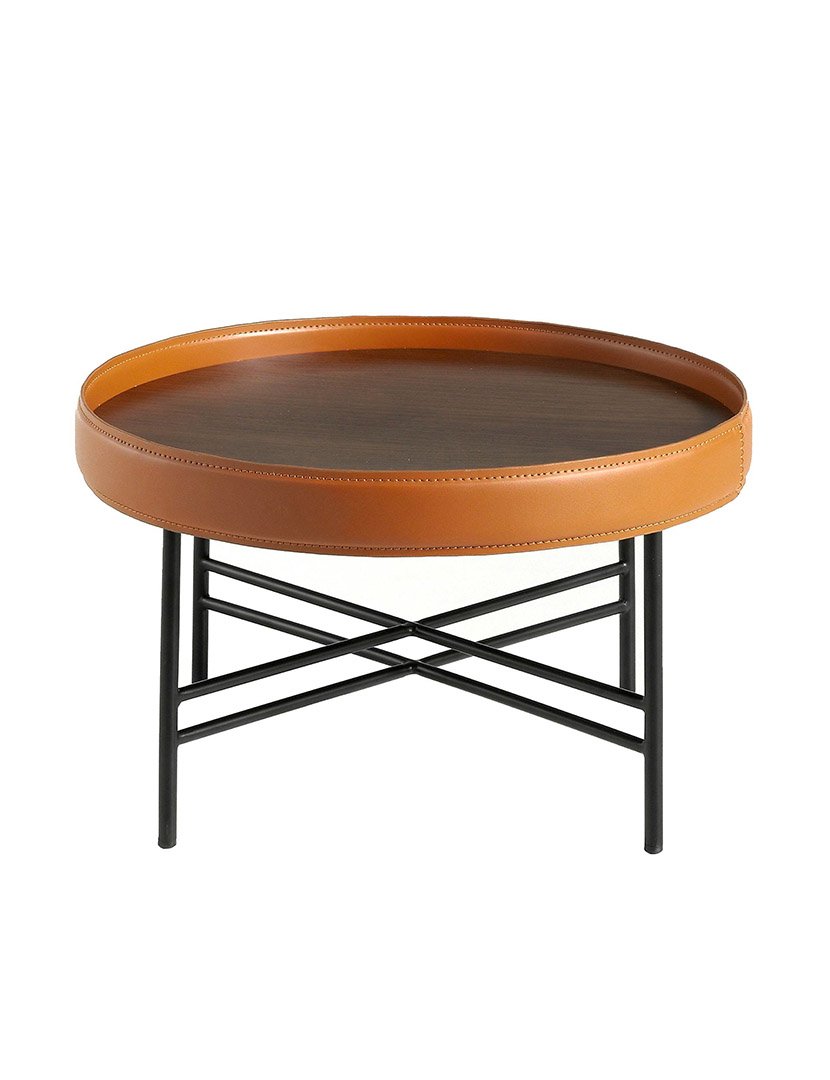 Mesa de Centro Redonda em Couro Sintético, Nogueira e Aço Preto